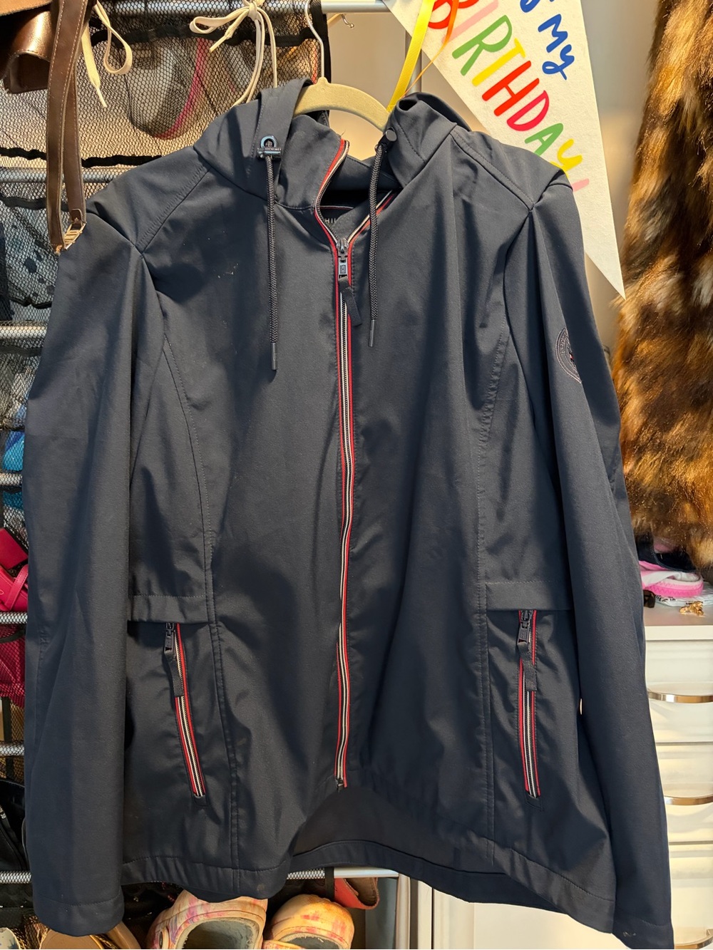 Tommy Hilfiger Navy Hooded Windbreaker with Red-Trim Zippers